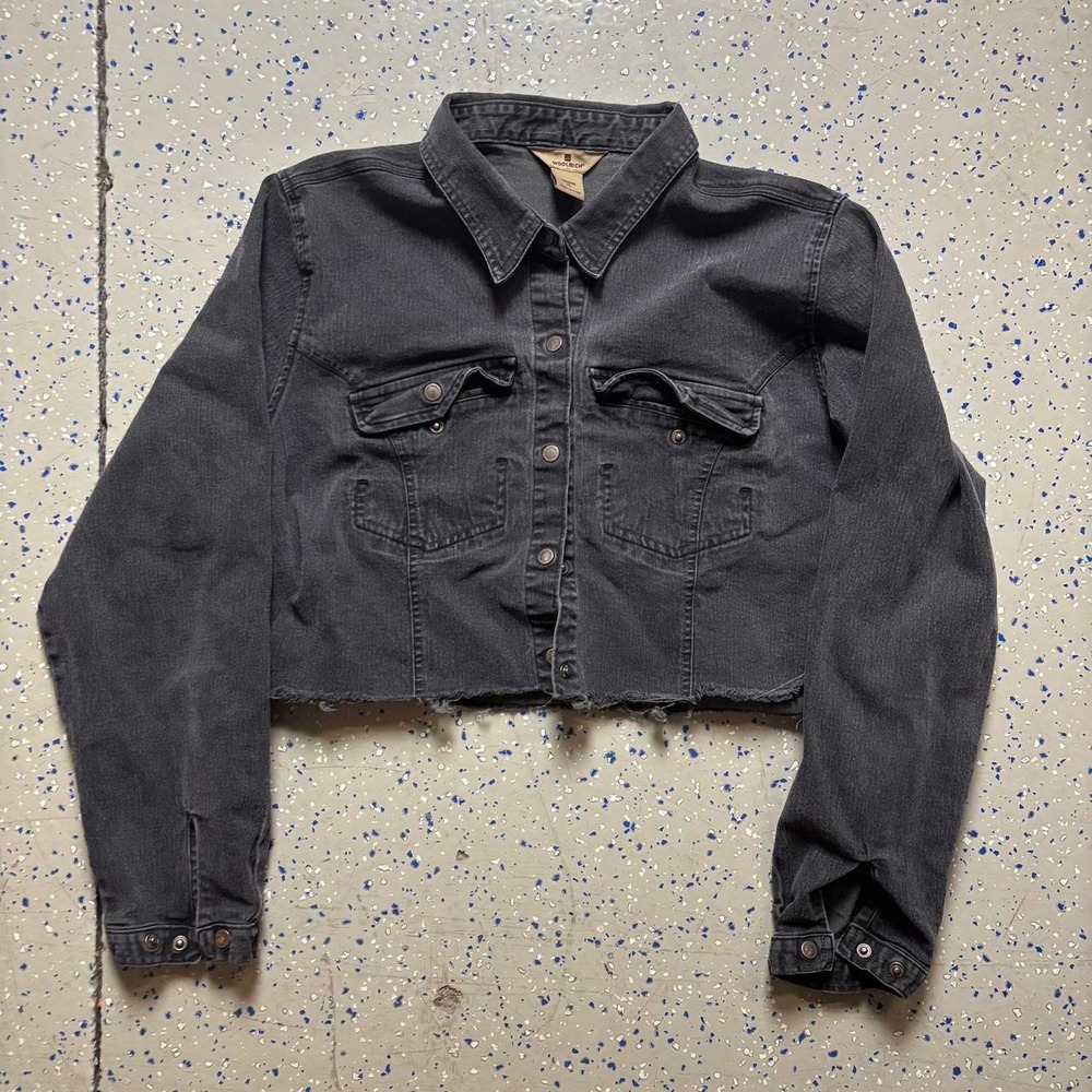Woolrich Y2K Cropped Denim Jacket Womens XL Distressed Black Snap Button